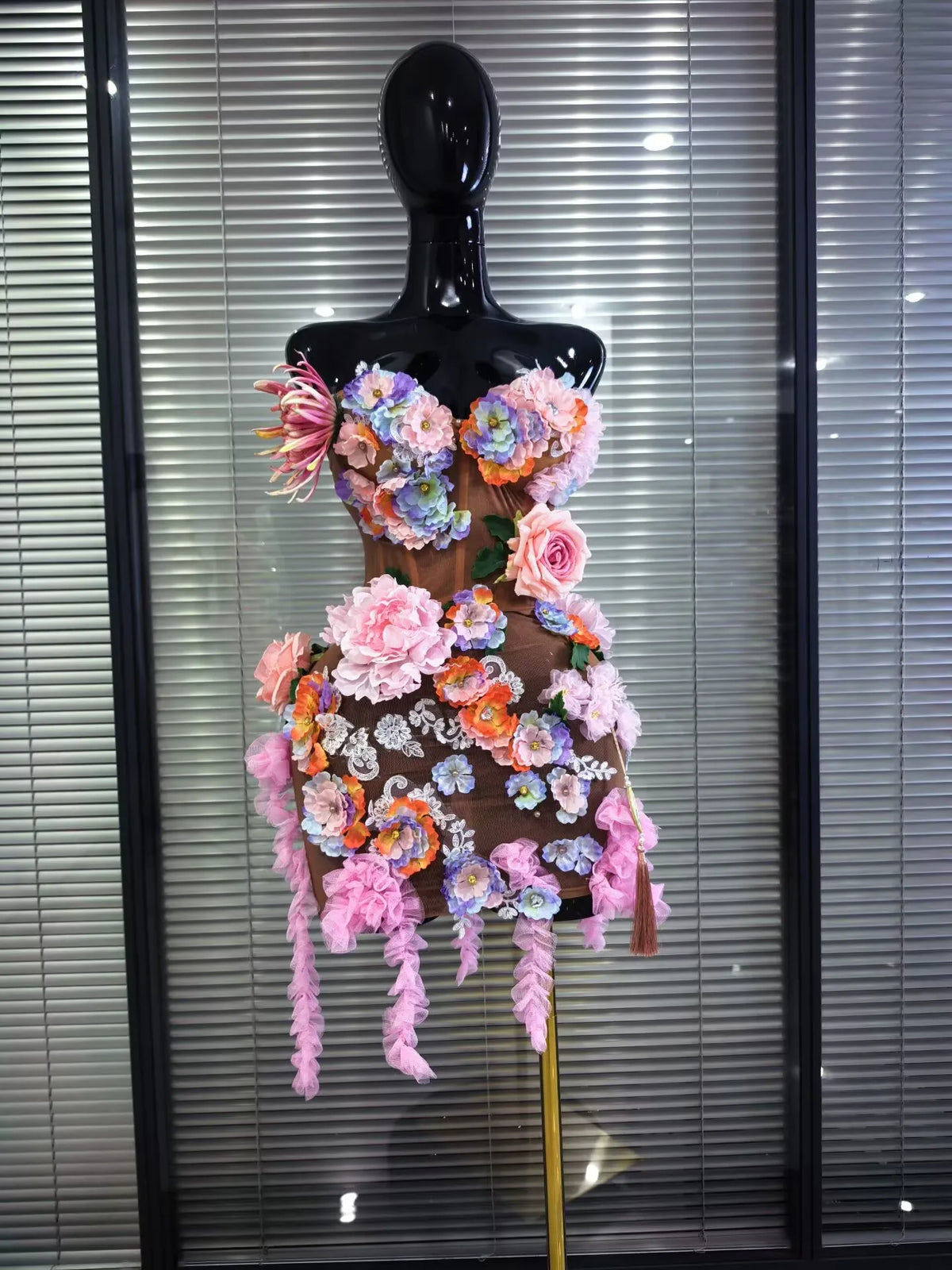 3D Florals Women Sexy Strapless Mesh High Stretch Kaced-up Bodycon Midi Dress Bar Singer TV Performance Costumes Stage Wear