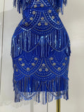 Women Blue Off The Shoulder Shiny Sequined Tassel Bodycon Mini Dress Eveing Celebrity Party Prom Birthday Club Dress Vestidos