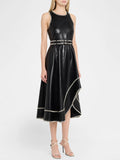 Fashion Bright Line Decoration Pu Leather Dress Women Belt Sleeveless Irregular Draped Dress Club Party Female Vestidos