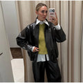 Women 2‑Piece Outfit Glossy Waxed Faux Leather Zip‑Up Jacket And High Waist Split Midi Skirt Set Fall Streetwear Matching Suit