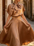 Satin Two Piece Sets for Women Bow Tie Mock Neck Blouse High Waist Flared A‑Line Maxi Skirt for Formal Banquet Party Wear