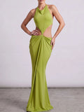 Fashion Halter Cowl Neck Cutout Floor Length Mermaid Dress for Women Backless Thin Strap Draped Ruched Bodycon for Party