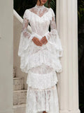 Retro Luxurious Wedding Dress for Women Stand Collar Flare Sleeve Spliced Ruffles Irregular Hem Party Long Dresses Female