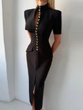 Elegant Solid Buttons Long Dress Women Waist Cinched Shoulder Pads High Collar Slit Dresses 2026 Spring Summer Lady Party Robes