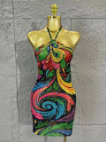 Sparkly Multicolor Crystal Mini Dress, Black Mesh See Through Rhinestone Bodycon Dress, Sexy Halter Neck Short Party Dress