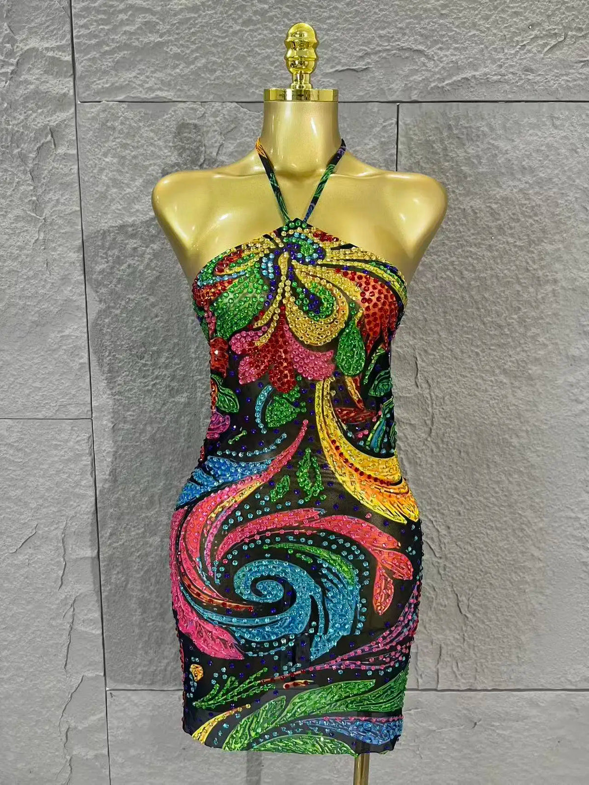 Sparkly Multicolor Crystal Mini Dress, Black Mesh See Through Rhinestone Bodycon Dress, Sexy Halter Neck Short Party Dress