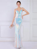 Women Spaghetti Strap Party Maxi Dress Sexy V Neck Evening Green Sequin Dress Elegant Long Prom Dress Vestido Longo