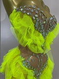 Sexy Sparkly Diamonds Strapless Mesh Ruffled See Through Mini Dress Women Eveing Party Birthday Nightclub Bar Stage Show Costume