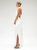 Elegant Solid Ribbon Women Halter Dress Off Shoulder Pearl Chain Backless Slim Female Maxi Dresses Wedding Gowns Chic Lady Robe