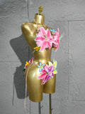 Sexy Tropical Handmade Flower Trendy Bikini Two Pieces Transparent Floral Swimsuit Beach Outfit Dancer Performance Costum