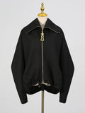 Solid Spliced Metal Zipper Jacket for Women Hooded Batwing Sleeve Patchwork Drawstring Hem Loose Sport Casual Jackets Female