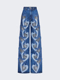 Fashion Women Jeans High Waist Heart Connectivity Contrast Color Hollow Out Straight Denim Pants 2024 New