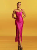 High Quality Fashion Fringe Rose Red Spaghetti Strap Long Dresses Women'S Tassel Celebrity Bandage Dress Prom Vestidos
