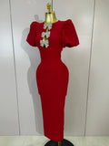 Shiny Bow Sexy Cut Out Short Sleeve Red Bodycon Bandage Long Dress Women Evening Party Celebrate Birthday Knitted Club Prom Gown