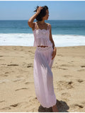 Elegant Lace Women Long Pant Set Square Neck Sheer Ruffle Hem Crop Cami Top High Waist Wide Leg Trousers 2026 Summer Chic Suit