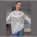 Women Lace Patchwork Satin Top Solid O-neck Back Lace Up Slim Irregular T-shirts Pullover Female Spring Daily Casual Outwear