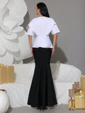 Elegant Rhinestone Appliques Half Sleeve Top&High Waist Mermaid Long Skirt Two Piece Set Women Formal Bandage Dress Set