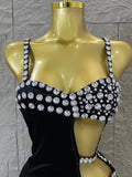 Luxury Glamorous Black Asymmetrical Velvet Rhinestone Dress Dinner Cocktail Event Party Stage Performance Dress