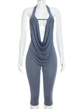 Sexy Swing Collar 2 Piece Set Women New Trend Hollow Halter Bandage Sleeveless Tank Top+Mid-Length Shorts Streetwear