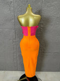 Luxury Elegant Orange Pink Strapless Bodycon Midi Dress Women Sexy 3D Floral Applique Outfit Date Night Party Costum