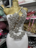 White Sexy One-Shoulder, Off-The-Shoulder, Rhinestone, Backless,One-Shoulder Tight, Hip-Hugging Bandage Dress