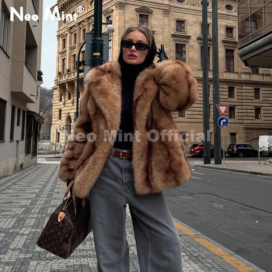 Luxury Fashion Women Yellow Striped Faux Fur Jacket Coat Chic Girls 2025 Winter Oversized Warm Outerwear Overcoat