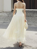 Sexy Evening Tunic Spliced Buttons Dress for Women V Neck Sleeveless High Waist Patchwork Folds Temperament Dresses Female