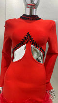 2026 Luxury Ostrich Feather Glam Hollow Red Bandage Dress Christmas Party Dinner Performance Wear Cocktail Formal Evening Gown