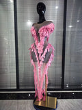 Pink Golden Women Sexy Mesh See Through Bodycon Long Dress 3D Leaves Celebrate Birthday Photoshoot Performance Costumes Wear