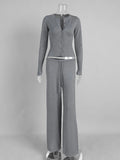 White Ribbed Knit Two Piece Set for Women Slim Button Accent Cardiagns Low Waist Loose Pant Suit for Casual Outings