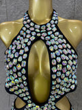 Gold Luxurious Black Bodysuit Women Sexy Halter Neck Iridescent Crystal Embellished Cutout Outfit Stage Performance Costume