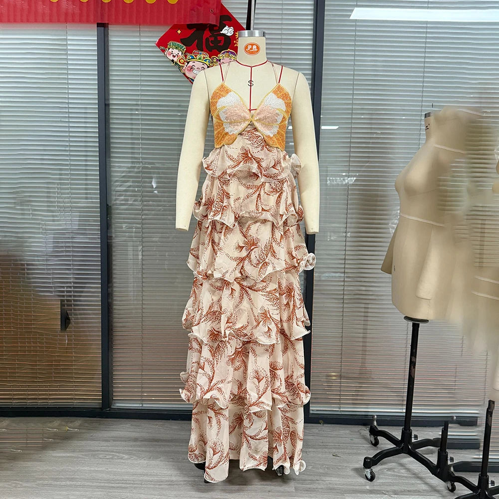 Spaghetti Strap Floor Length Dress for Women Deep V Backless Crisscross Tie Up Tiered Ruffle Floral Print for Evening Party