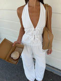 Halter Neck Vest Two-Piece Trouser Set Female Spring Summer New Lace-Up Top Wide-Leg Trousers Pure Cotton Women's Suit