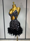 Women Sexy Halter Crystal Feathers Bodycon Mini Dress Nightclub Performance Stage Outfit Luxury Birthday Photo Shoot Dress