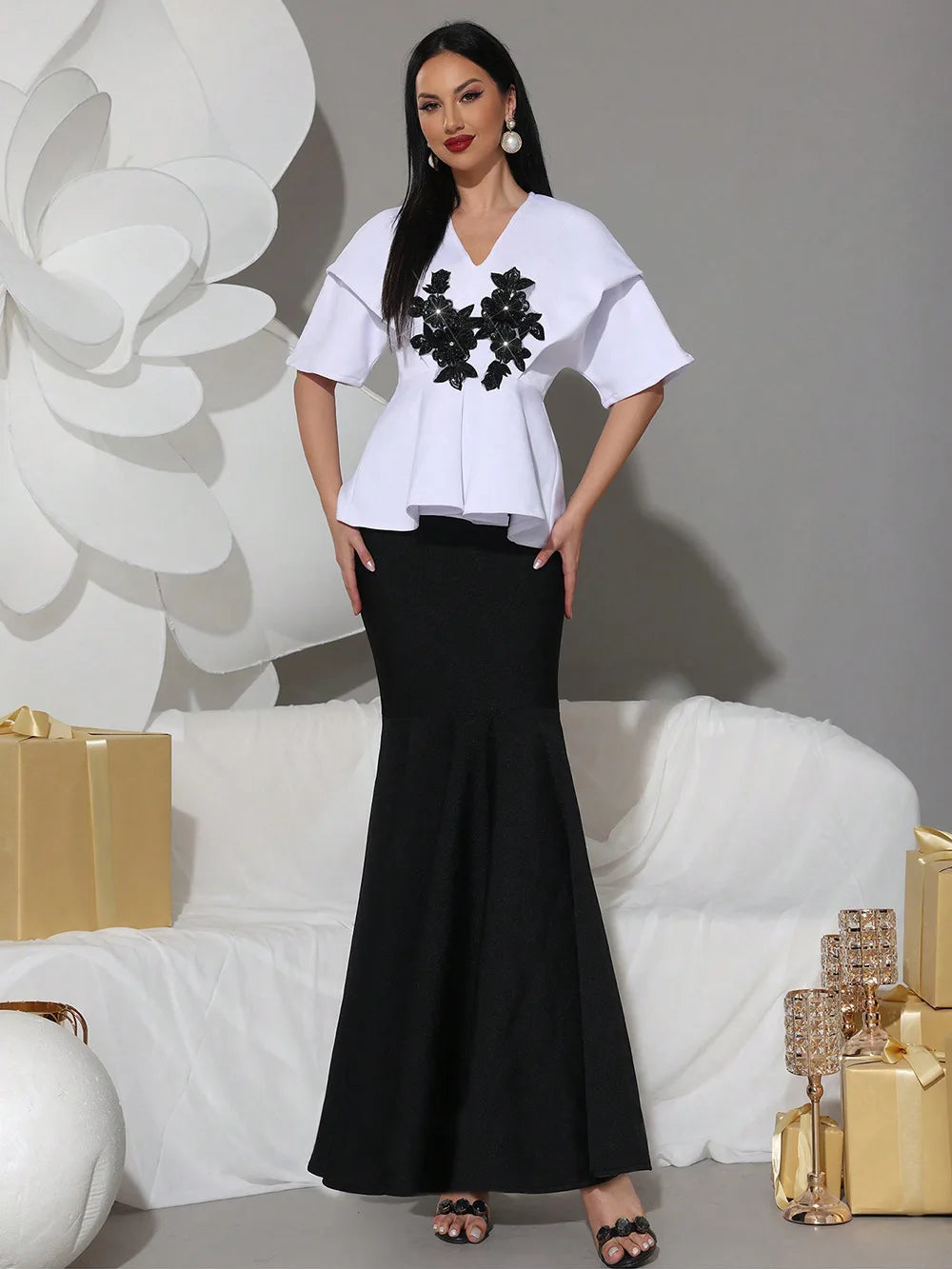 Elegant Rhinestone Appliques Half Sleeve Top&High Waist Mermaid Long Skirt Two Piece Set Women Formal Bandage Dress Set