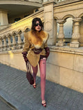 Camel Plaid Wool Blend Blazer Women Belted Waist Faux Fur Collar Vintage Shoulder Pads Coats Elegant Winter Outerwear Jackets