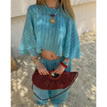 Light Turquoise Striped Batwing Crop Top Drawstring Loose Wide Pants Women Seaside Resort Casual 2 Piece Matching Party Set 2026