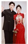 New Chinese Style Dresses Elegant Mermaid Cheongsams Embroider Phoenix Mesh Sequins Qipao Bridal Wedding Dress Luxury Vestidos