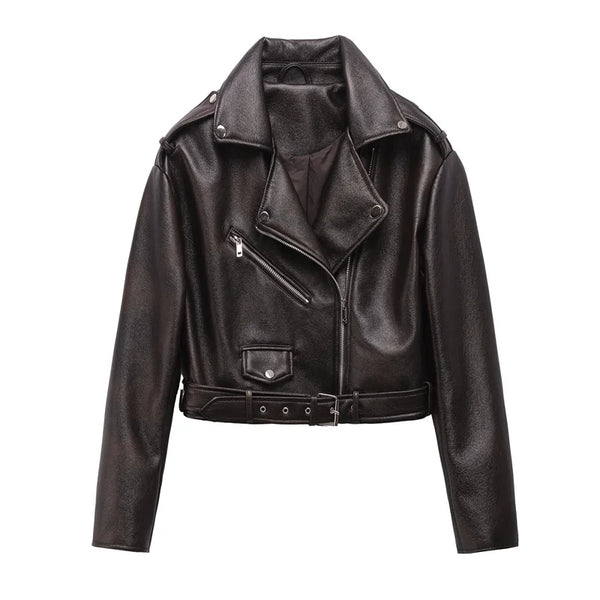 Dark Brown Coal Graysty Le Women's Washed Leather Jacket with Belt, Short Coat with Downgraded Zipper and Vintage Lapel Jacket