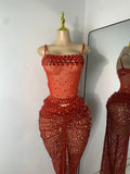 Sparkly Red Rhinestones Sequins Alluring See Through 2 Piece Maxi Dress 2025 Women's Evening Birthday Party Stage Show Outfit