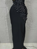 Solid Hollow Out Spliced 3D Flower Elegant Dresses for Women Stand Neck Sleeveless Split Sexy Long Dress Female New