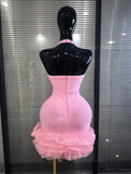 Pink Black Women Sexy Halter Off the Shoulder Sparkly Crystal Ruffles Bodycon Bandage Mini Dress Celebrate Evening Party Outfit
