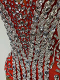 Sparkly Rhinestones Tassels Black Red Bodycon Bodysuits Nightclub Performance Stage Outfit Luxury Birthday Photo Shoot Clothing