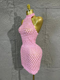 Pink Halter Neck 3D Scale Shell Sequin Mesh MiniDress Women Sheer Bodycon Short Dress For Club Night Out Cocktail Party