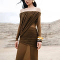 Sexy Sheer Mesh Maxi Dress for Women Slash Neck Long Sleeve High Waist Patchwork Folds Slimming Dresses Female New