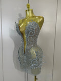 2026 Sexy Deep V Mesh See Through Mini Dress Women Sparkly Silver Diamonds Eveing Party Birthday Bar Nightclub Stage Costumes