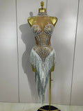 Women Sparkly Diamonds Pearls Tassel Sexy Mesh Stretch Dress Latin Dance Luxury Birthday Outfits Nightclub Party Stage Costume