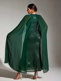 Sexy Party Women's Green Sequined Dress Fashion Chiffon Cloak Sleeve Bodycon Wedding Guest Evening Cocktail Long Dresses