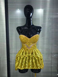 Luxury Sparkly Sequins Diamonds Mesh Gold Short Skirt Birthday Dress Women Sexy Dance Performance Costume Singer Stage Outfit