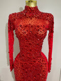 New Sexy Sparkling Red Crystals Feathers Long Sleeve Mermaid Maxi Dress Women Wedding Celebrate Luxury Birthday Party Prom Gown
